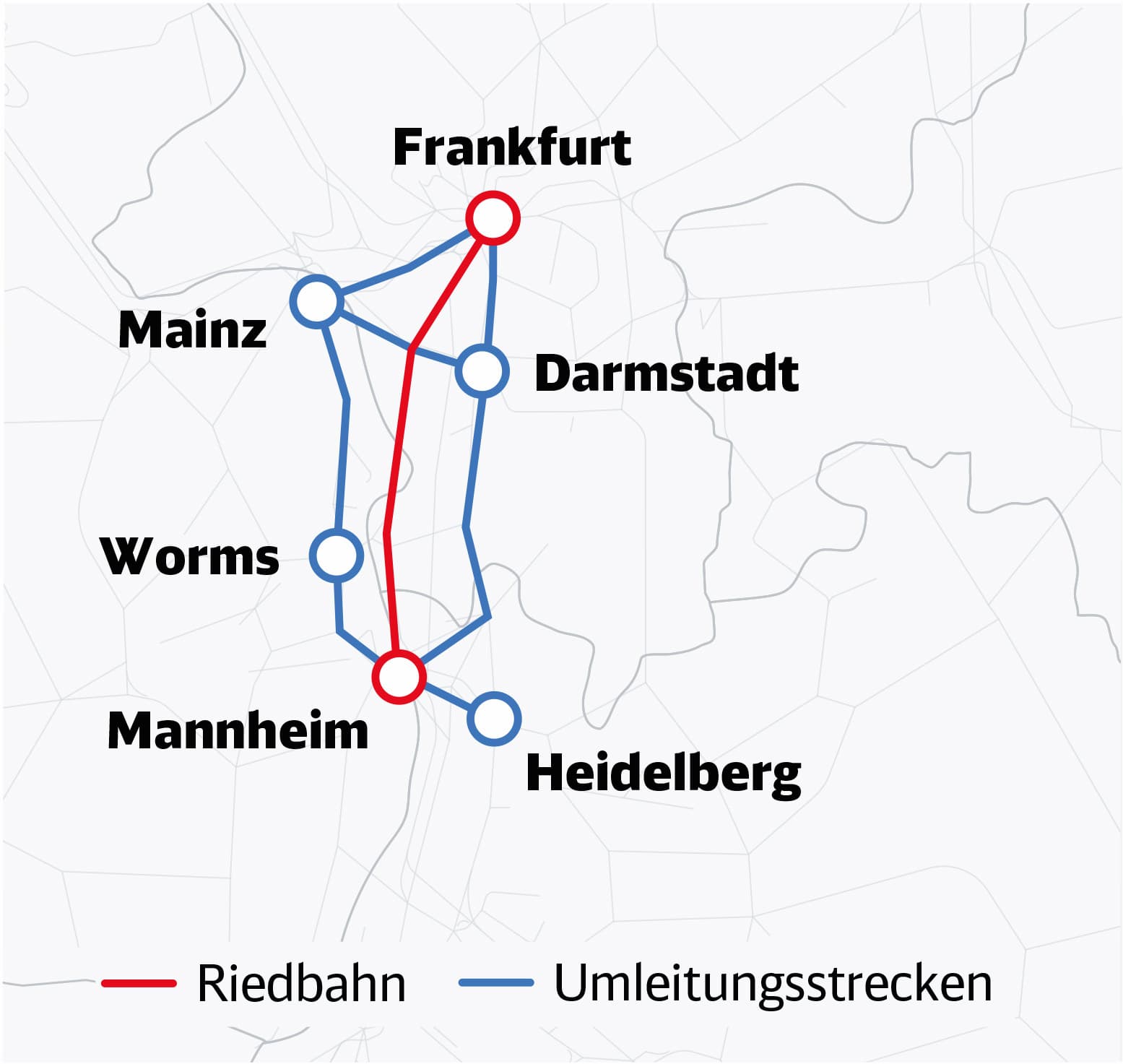 Eine Karte von Südwestdeutschland, darauf ist die Riedbahnstrecke sowie die Umleitung eingezeichnet.