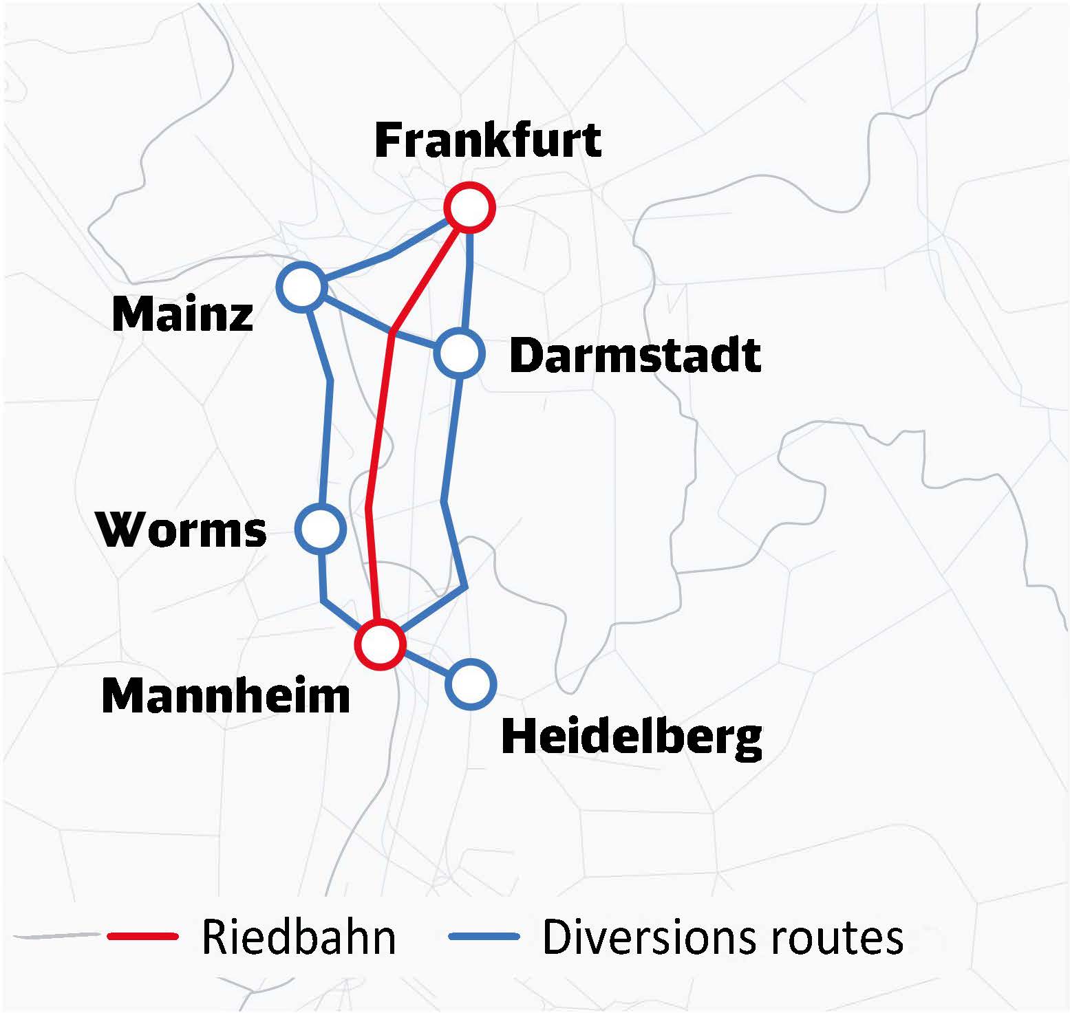 A map of south-west Germany showing the Riedbahn line and the diversion.
