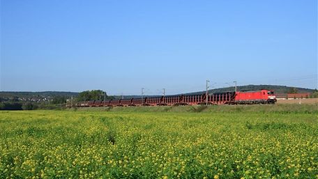 A train loaded with black pipes travels through a green landscape in France.